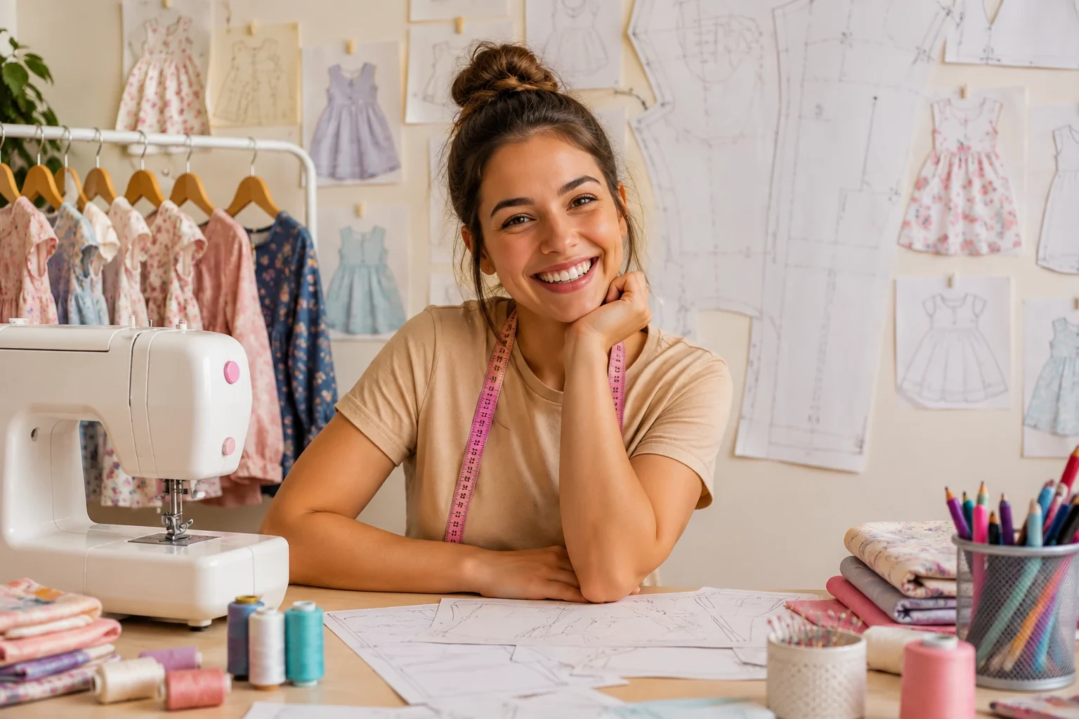 Costureira sorrindo em seu ateliê com máquina de costura, moldes de roupinhas infantis impressos e arara com vestidos infantis
